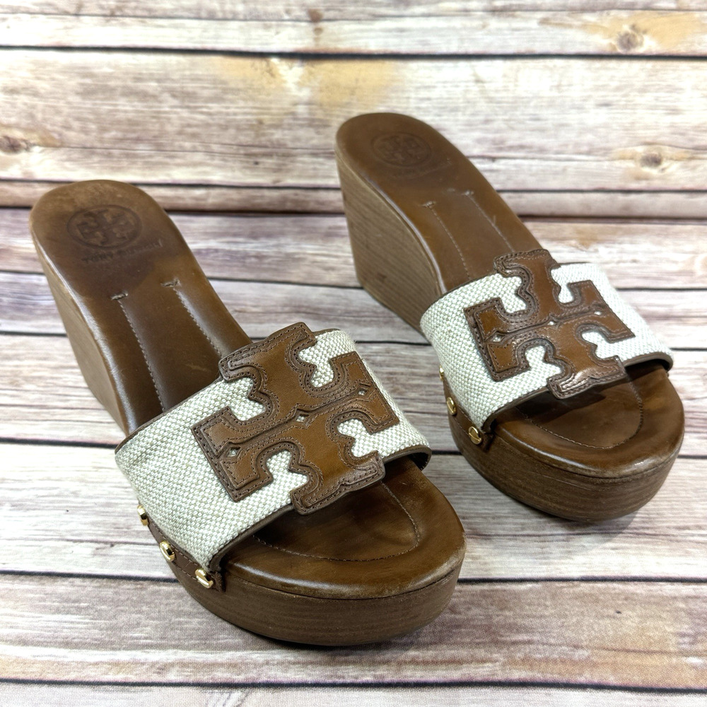 Tory Burch Canvas & Leather Terri Wood Stacked Wedge Slip On Sandals 7.5M